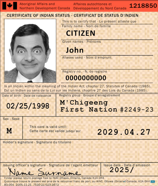 Download Canada certificate of Indian status Photoshop template